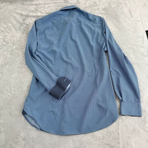 WRK Shirt Mens 15.5 Blue Geometric Button Up Flip Cuff 4-Way Stretch Party Club - Picture 7 of 12